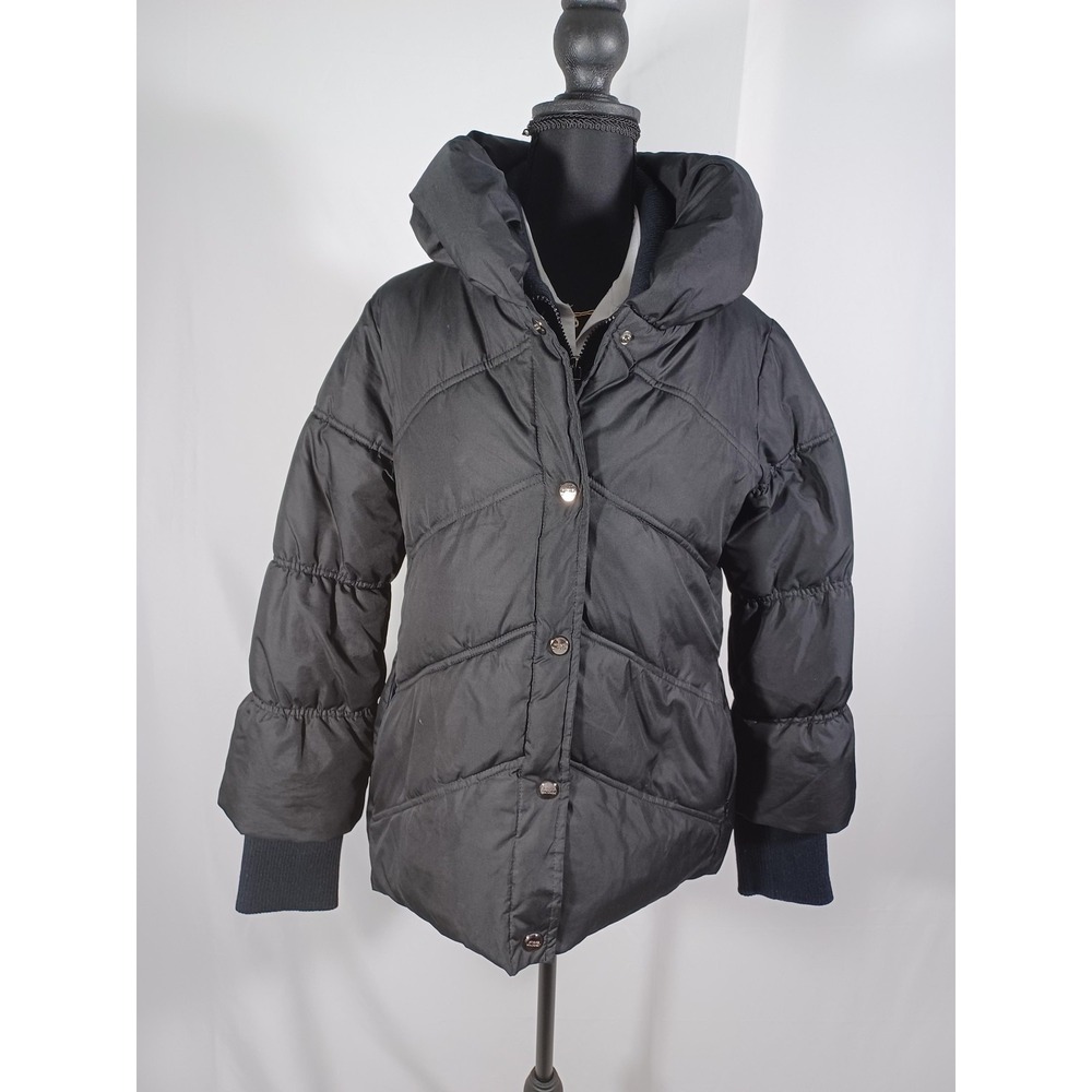 Steve Madden Jacket Womens Small Black Hooded Puffer Zip Button Mid Length Coat